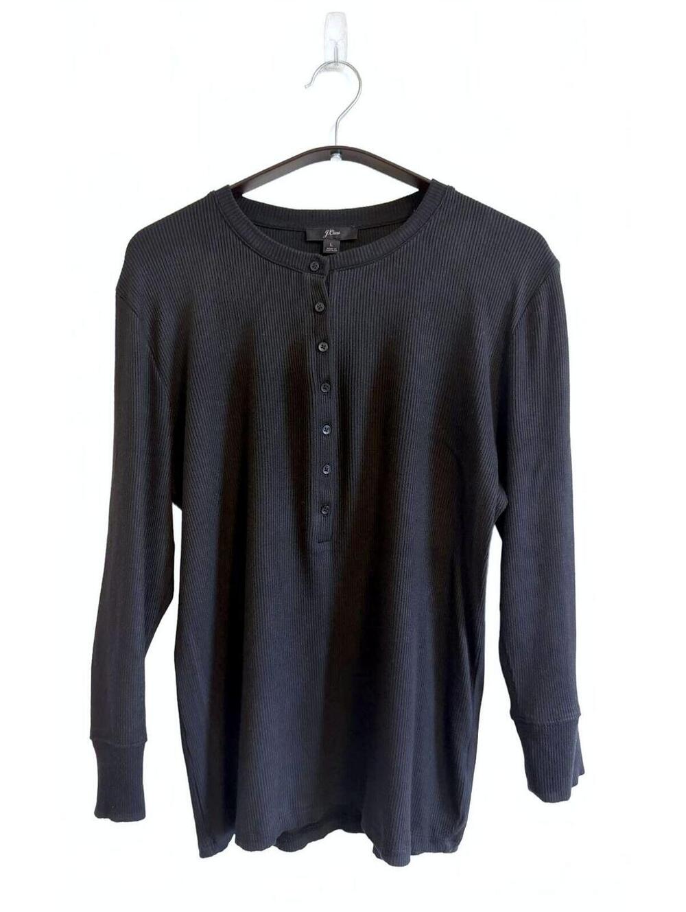 J.Crew Black Ribbed Modal Blend Long Sleeve Henley Top Womens Size L